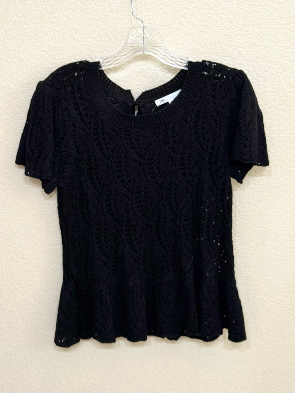 DR2 Black Short-Sleeve Openwork Knit Peplum Top